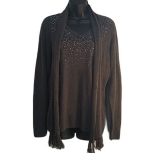Carolyn Taylor Shirt Size XL Gray Sweater Blouse with Detachable Scarf Sequins